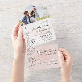 Romantische perzik en grijze elegante bruiloft all in one uitnodiging