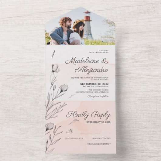 Romantische perzik en grijze elegante bruiloft all in one uitnodiging (Binnen)