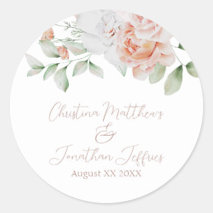 Romantische perzik- en witte waterverf bloemen ronde sticker