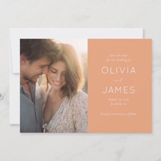 Romantische perzik minimalistische foto save the date (Voorkant)
