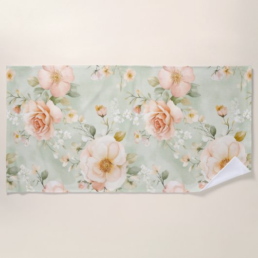 Romantische perzik mint mooie rozen bloem strandlaken (Voorkant)