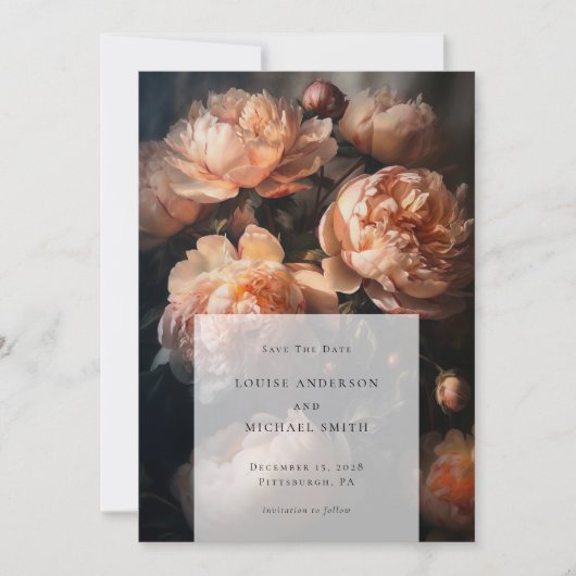 Romantische perzik pastel pioen bloemenbruiloft fo save the date (Voorkant)