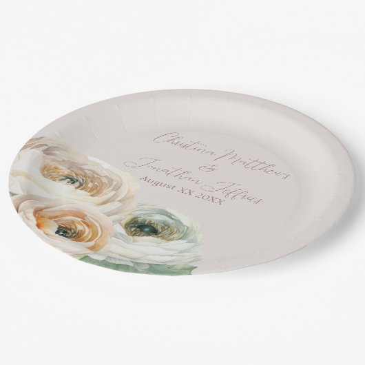 Romantische Perzik Ranunculus op Ivoorwit Papieren Bordje (Gekanteld)