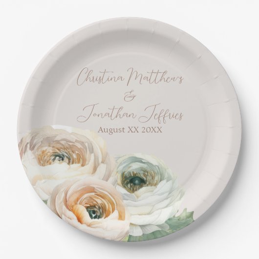 Romantische Perzik Ranunculus op Ivoorwit Papieren Bordje (Voorkant)