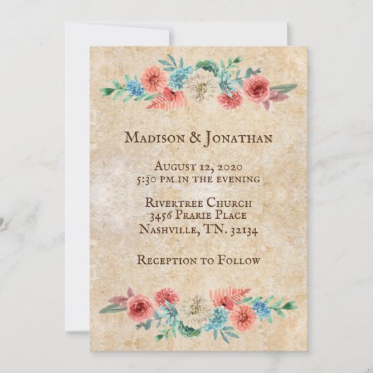 Romantische Perzik | Turquoise Bloemen Bruiloft Kaart (Voorkant)