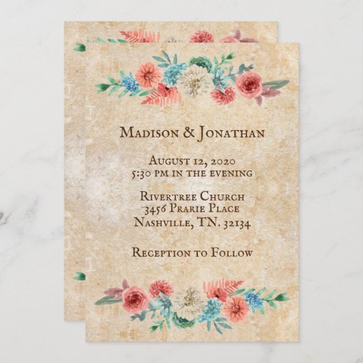 Romantische Perzik | Turquoise Bloemen Bruiloft Kaart (Voorkant / Achterkant)