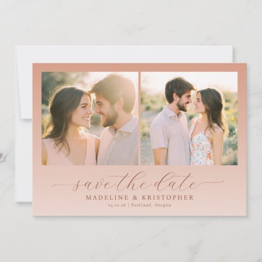 Romantische perzik vintage fotocollage save the date (Voorkant)