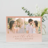 Romantische perzik vintage fotocollage save the date (Staand voorkant)