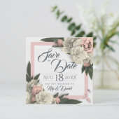 Romantische perziken witte bloemen pioenrozen save the date (Staand voorkant)