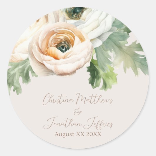 Romantische perzikranonkel op ivoor ronde sticker (Voorkant)