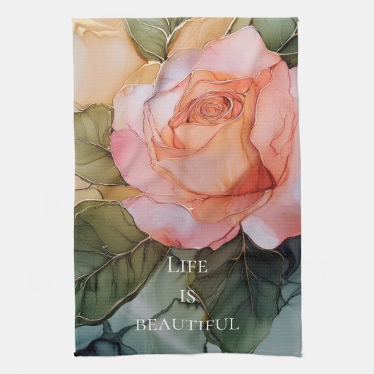 Romantische perzikroos bloemige bruidsuitnodiging theedoek (Verticaal)