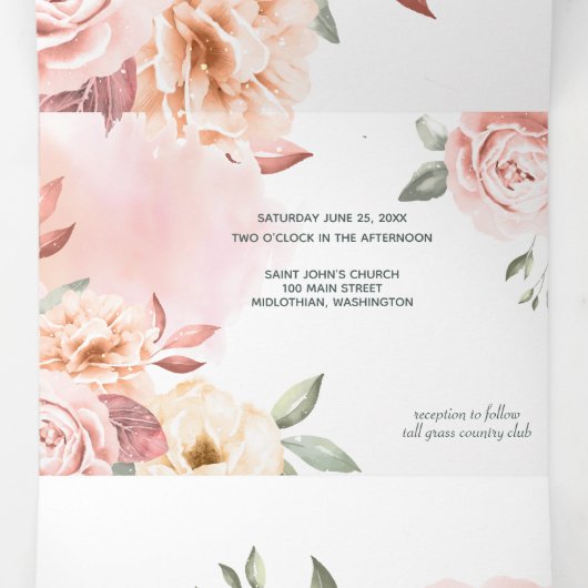 Romantische perzikrozen bloemstuk drieluik aankondiging (Binnenkant midden)