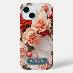 Romantische perzikrozen op elegante witte marmer iPhone 15 case