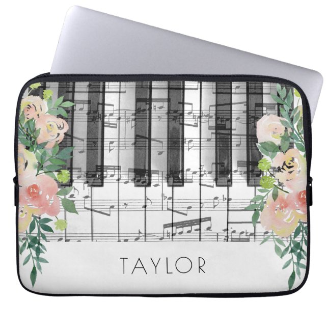 romantische Piano bloemige aangepaste naam Laptop Sleeve (Voorkant)