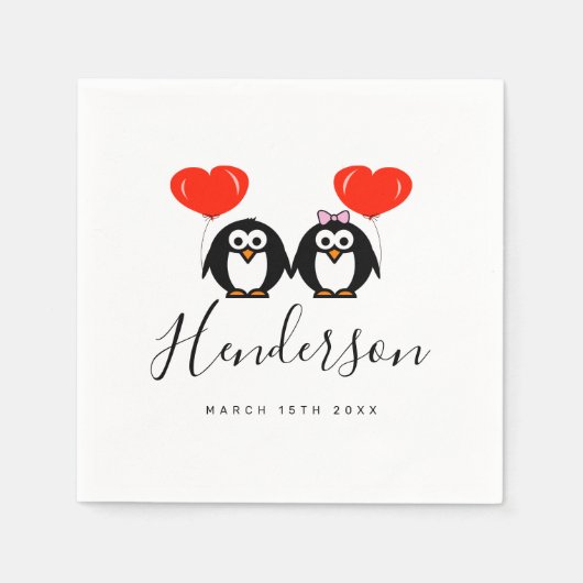 Romantische pinguïn cartoon aangepaste bruiloft se servet (Voorkant)