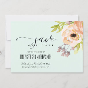 ROMANTISCHE PINK PEACH PAARSE SKY BLAUW FLORAL SAVE THE DATE