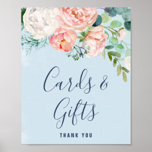 Romantische Pioen Bloemen   Lichtblauwe Kaarten &  Poster