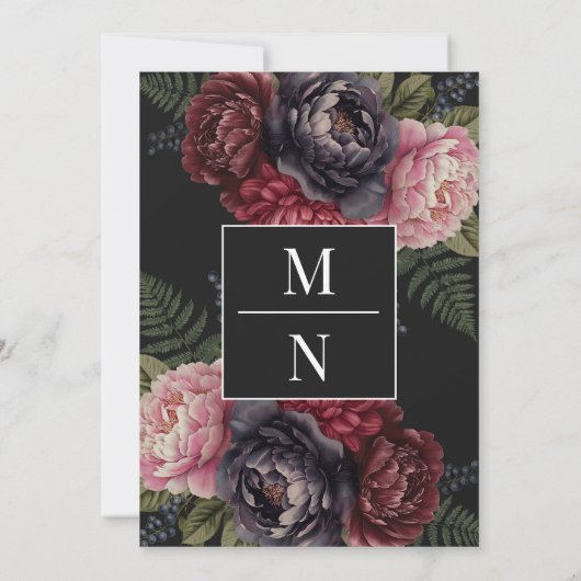  Romantische Pioenbloem Monogram Huwelijk Kaart (Achterkant)