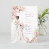 Romantische pioenen blush roze bruid jurk kaart (Staand voorkant)