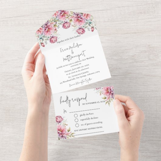 Romantische pioenen bruiloft all in one uitnodiging (Afscheurbaar)