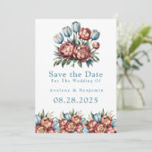 Romantische pioenen en tulpen Bewaar de datumkaart Kaart (Staand voorkant)