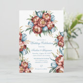 Romantische pioenen en tulpen bruiloft kaart (Staand voorkant)