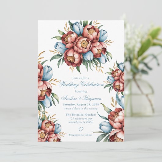 Romantische pioenen en tulpen bruiloft kaart (Staand voorkant)