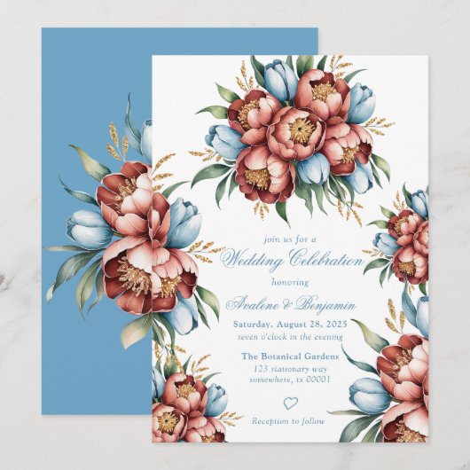 Romantische pioenen en tulpen bruiloft kaart (Voorkant / Achterkant)