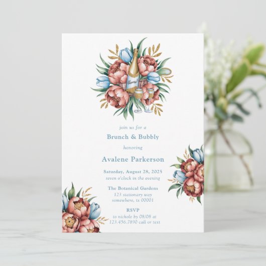 Romantische pioenen & tulpen brunch & bubble kaart (Staand voorkant)