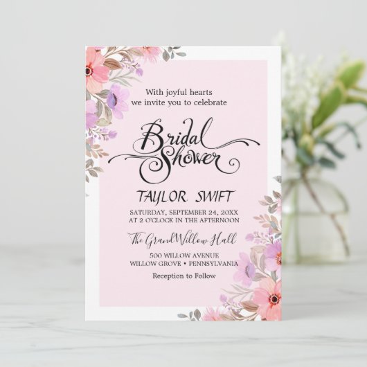 Romantische pioenroos bloemen bruids douche uitnod kaart (Staand voorkant)