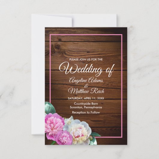 Romantische pioenroos bloemen houten formele bruil kaart (Voorkant)