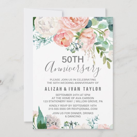 Romantische Pioenrozen 50ste Huwelijksverjaardag Kaart (Voorkant)