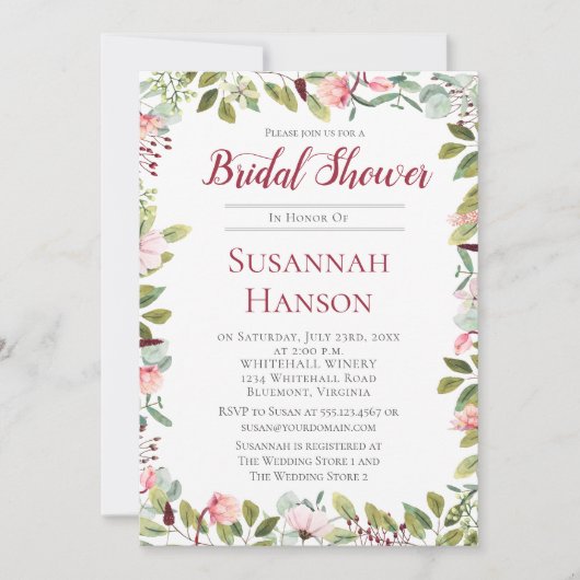 Romantische Pioenrozen en Eucalyptus Bruidsborrel Kaart (Voorkant)