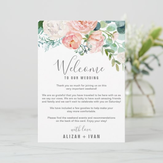 Romantische Pioenrozen Welkomstbrief & Reisplan Programmakaart (Staand voorkant)