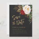 Romantische Pioenrozen Zwart & Goud Boho Script Save The Date (Voorkant)