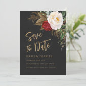 Romantische Pioenrozen Zwart & Goud Boho Script Save The Date (Staand voorkant)