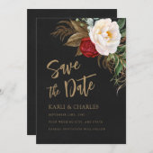 Romantische Pioenrozen Zwart & Goud Boho Script Save The Date (Voorkant / Achterkant)