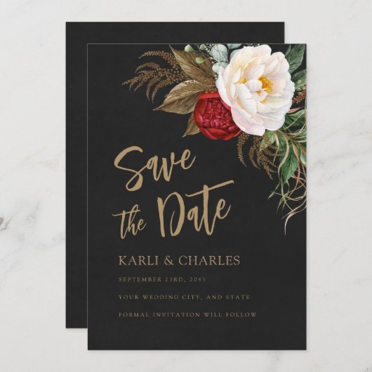 Romantische Pioenrozen Zwart & Goud Boho Script Save The Date (Voorkant / Achterkant)