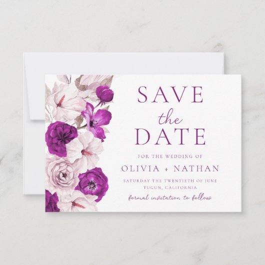 Romantische Plum & Blush Waterverf bruiloft Save The Date (Voorkant)