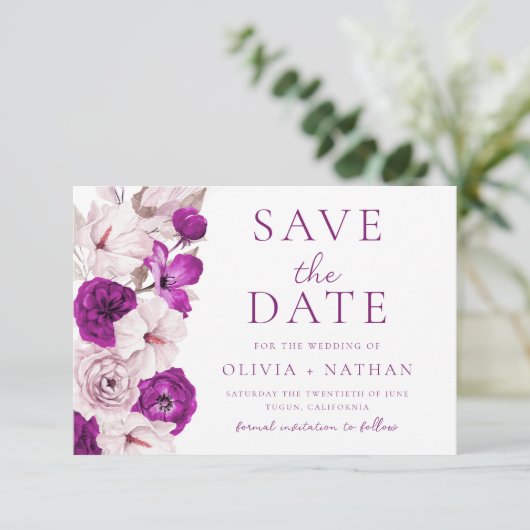 Romantische Plum & Blush Waterverf bruiloft Save The Date (Staand voorkant)