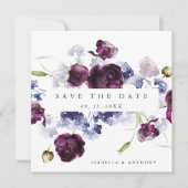 Romantische Plum Paarse & Indigo Blue Floral Weddi Save The Date (Voorkant)