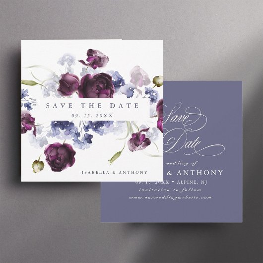 Romantische Plum Paarse & Indigo Blue Floral Weddi Save The Date