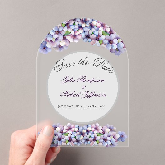 Romantische Poetische Lila Waterverf Bloemenbruilo Acryl Uitnodigingen (Insitu (Draagbaar))