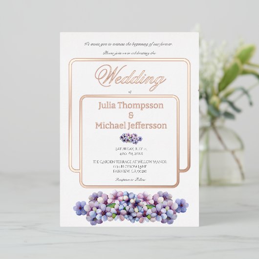 Romantische Poetische Lila Waterverf Bloemenbruilo Folie Uitnodiging (Staand Voorkant)