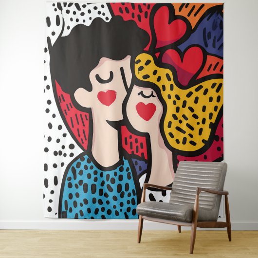 Romantische Pop Kunstillustratie van een liefdevol Wandkleed (In situ)