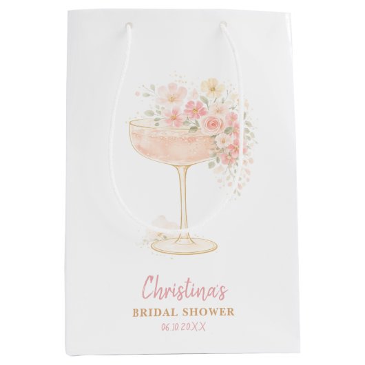 Romantische Prosecco & Bloemen Bruiloftsfeest Medium Cadeauzakje (Voorkant)