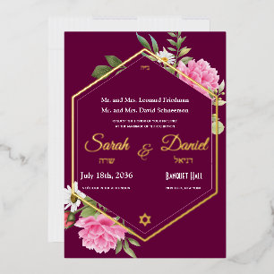 Romantische pruim roze roze gouden frame Joodse br Folie Uitnodiging