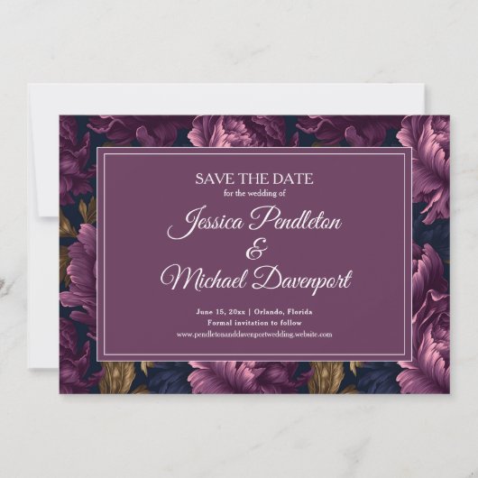 Romantische pruimen bloemige trouwdatumkaart save the date (Voorkant)