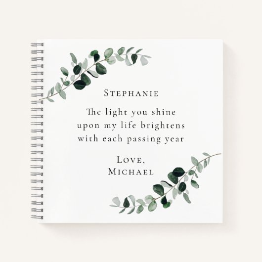 Romantische quote gepersonaliseerde eucalyptus notitieboek (Voorkant)