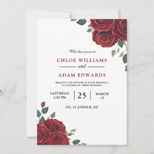 Romantische Red Rose Bourgondië Elegantie bruiloft Kaart (Voorkant)